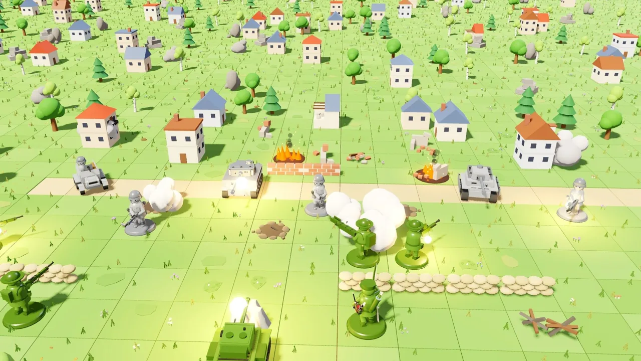 Green and grey toy soldiers fight in front of a village, with tanks, sandbags and clouds of smoke
