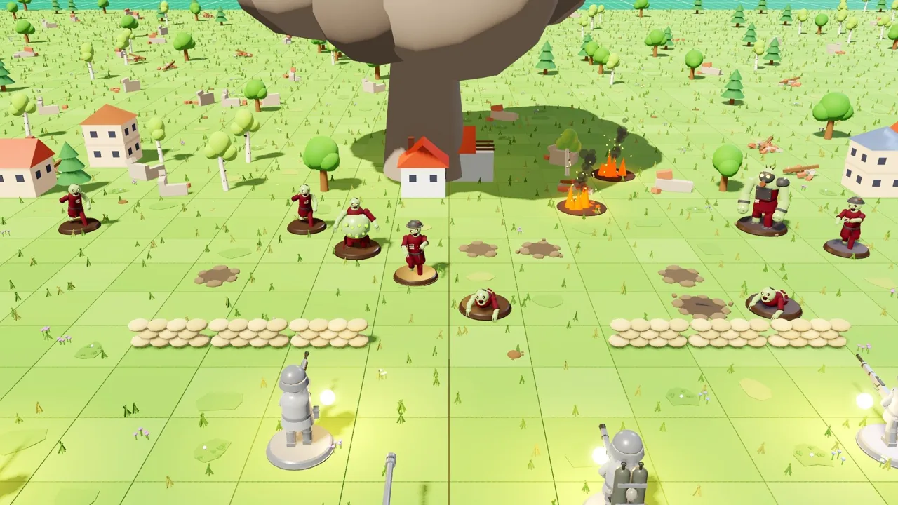 Zombies and steampunk units fight on a green meadow